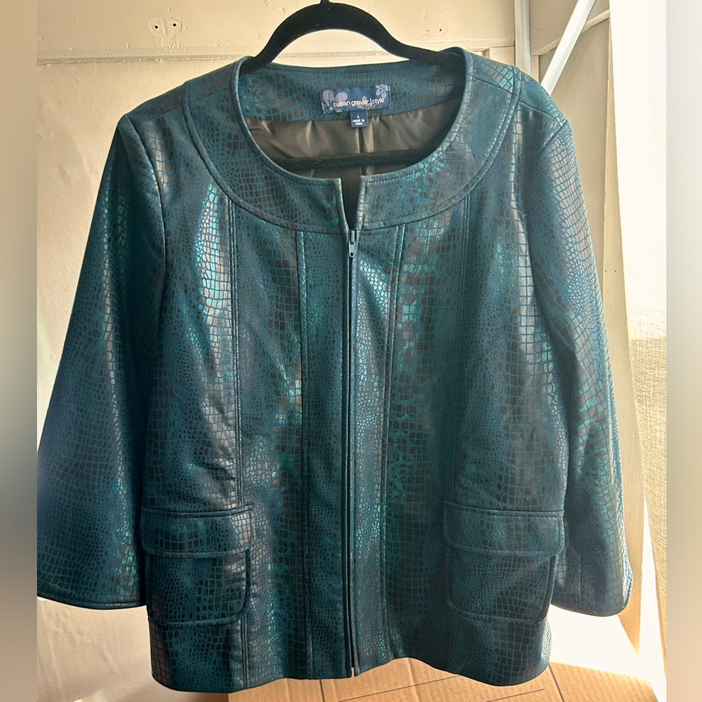 Susan Graver reptile print embossed teal iridescent jacket